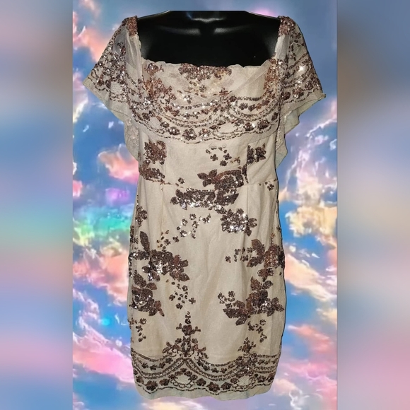 Sexy! Sequined Gold & Cream Midi Dress Sz L Fully Lined Party Wedding Summer Fun - Picture 1 of 4